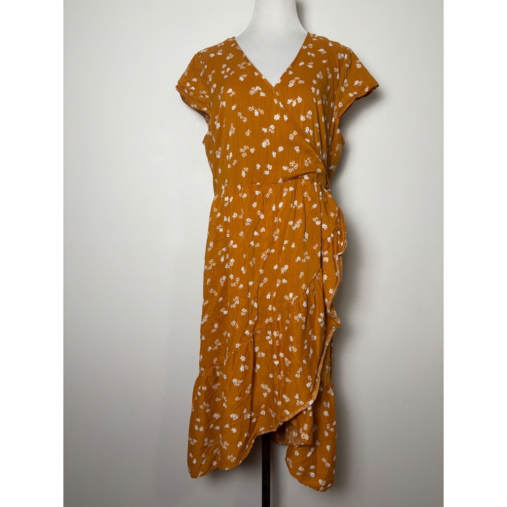 Old Navy Womens Floral Midi Wrap Dress L Yellow Cottage Prairie Boho Ruffle